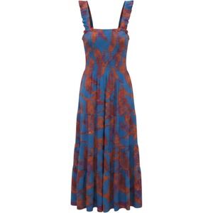 Figue Blue Orange Tropical Bird Print Smocked Tiered Maxi Dress XS/S Pom Pom